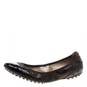 Pre Owned Tod's Black Textured Leather Scrunch Ballet Flats Size 37