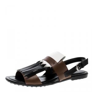مملوكة مسبقًا Tod's Tricolor Leather Fringe Flat Sandals Size 38