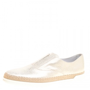 Pre Owned Tod's Cream Textured Leather Francesina Espadrille Slip On Sneakers Size 39.5