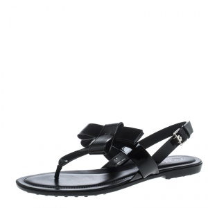 Pre Owned Tod's Black Patent Leather Bow Detail Flat Thong Sandals Size 41