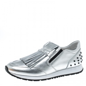 Pre Owned Tod's Metallic Silver Fringe Detail Slip On Sneakers Size 40