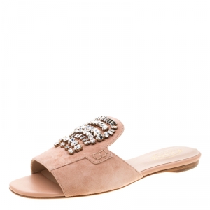 مملوكة مسبقًا Tod's Limited Edition Pale Pink Suede Crystal Embellished Peep Toe Flat Slides Size 38