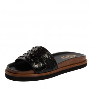 Pre Owned Tod's Black Croc Embossed Leather Studded Flat Slides Size 37