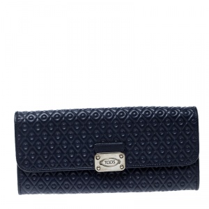Tod's Navy Blue Leather Signature Continental Wallet