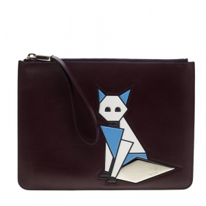 Tod's Burgundy Leather Fox Applique Wristlet Clutch
