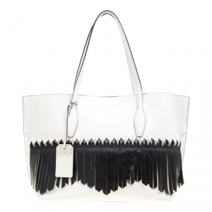 Pre Owned Tod's White/Black Leather Origami Fringe Shopping Tote