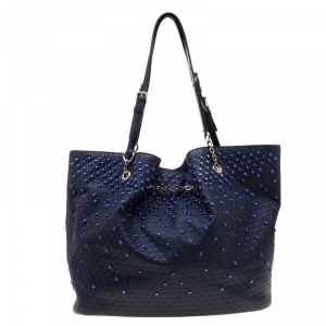 Tod's Blue Leather Embossed Studded Drawstring Tote 