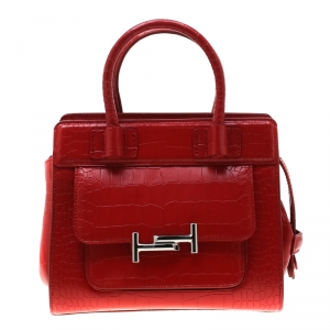 Tod's Red Croc Embossed Leather Amu Zip Tote
