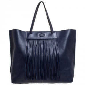 Pre Owned Tod's Blue Leather Fringe Media Shopper Tote