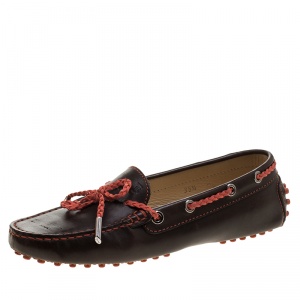 Pre Owned Tod's Brown Leather with Contrast Braided Bow Loafers Size 35.5