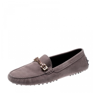 Pre Owned Tod's Grey Suede Crystal Embellished Slip On Loafers Size 39.5