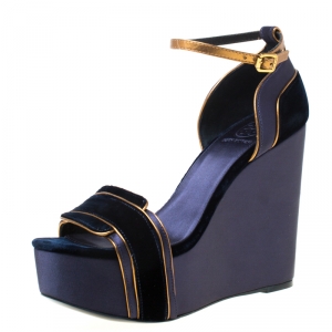 Pre Owned Tory Burch Navy Blue/Gold Velvet and Satin Alexia Wedge Sandals Size 42.5