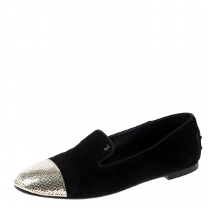 Pre Owned Tod's Black Suede Sequins Embellished Slip On Loafers Size 39