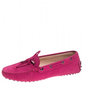 Pre Owned Tod's Pink Suede Leather Gommino Bow Loafers Size 36