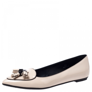 Pre Owned Tod's Beige Patent Leather Tassel Pointed Toe Ballet Flats Size 38