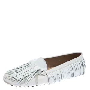 مملوكة مسبقًا Tod's White Leather Yorky Gommino Fringe Loafers Size 37