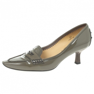 Pre Owned Tod's Grey Patent Pointed Toe Penny Loafer Pumps Size 37