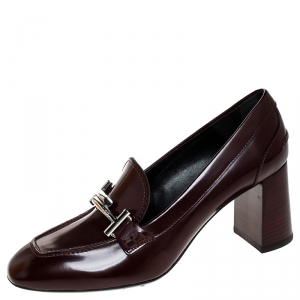Pre Owned Tod's Maroon Leather Double T Court Loafer Pumps Size 39.5