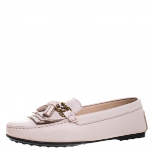 Pre Owned Tod's Pink Leather Double T Chain, Tassel And Fringe Detail Loafers Size 40