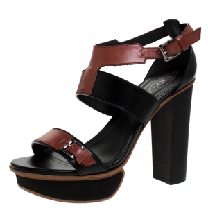 مملوكة مسبقًا Tod's Black/Brown Leather Block Heel Platform Ankle Strap Sandals Size 36.5