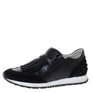 Pre Owned Tod's Black Leather and Suede Sportivo Fringed Sneakers Size 39.5