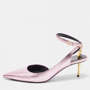 Tom Ford Metallic Pink Lizard Embossed Padlock Ankle Wrap Slingback Pumps Size 41