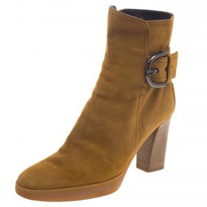 Pre Owned Tod's Caramel Brown Suede Block Heel Ankle Boots Size 37