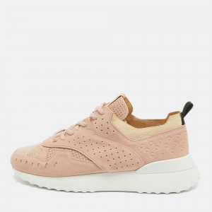 Pre Owned Tod's Pink/Gold Suede and Leather Perforated Low Top Sneakers Size 42
