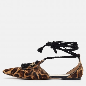 Tod's Brown/Beige Animal Print Calf Hair Ankle Tie Flats Size 38.5