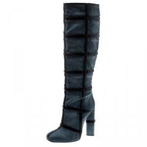 Tom Ford Denim And Leather Trim Patchwork Knee Length Boots Size 40.5
