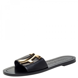 Tom Ford Black Leather TF Flat Slides Size 38