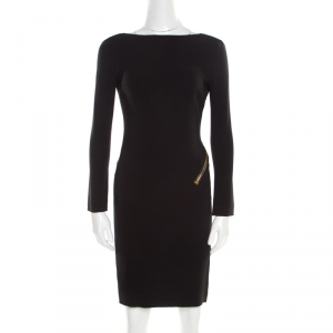 Tom Ford Black Stretch Crepe Open Back Zip Detail Long Sleeve Dress M