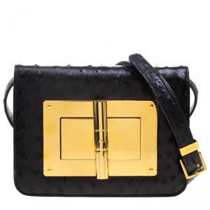 Tom Ford Black Ostrich Leather Small Natalia Crossbody Bag