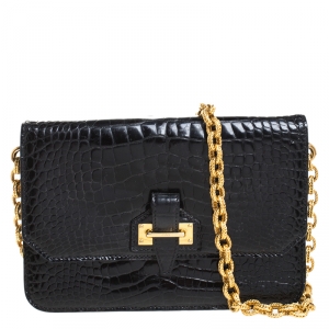 Pre Owned Tom Ford Black Crocodile Buckle Flap Chain Shoulder Bag