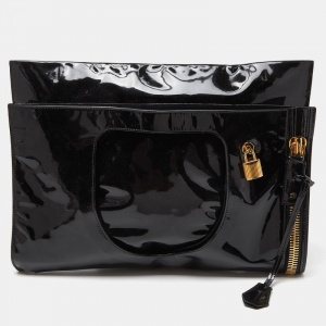 Tom Ford Black Patent Leather Alix Fold Over Oversize Clutch