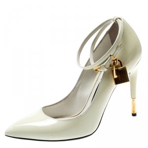 Tom Ford Cream Patent Leather Padlock Ankle Wrap Pointed Toe Pumps Size 38