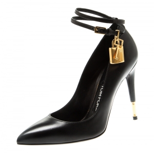 Tom Ford Black Leather Ankle Lock Pointed Toe Pumps Size 36.5