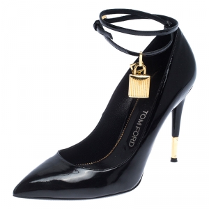 Tom Ford Black Patent Leather Padlock Ankle Wrap Pointed Toe Pumps Size 39
