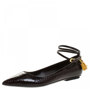 Tom Ford Brown Python Embossed Leather Padlock Ankle Wrap Pointed Toe Flats Size 37