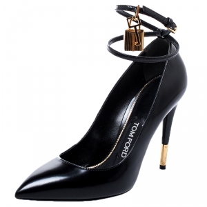 Tom Ford Black Patent Leather Padlock Ankle Wrap Pointed Toe Pumps Size 37.5