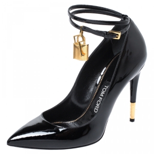 Tom Ford Black Patent Leather Padlock Ankle Wrap Pointed Toe Pumps Size 38