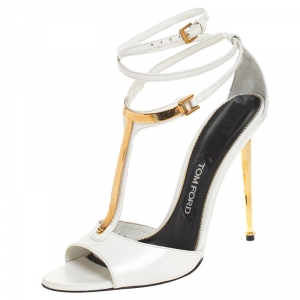 Tom Ford White Leather T-Bar Ankle Strap Sandals Size 38.5