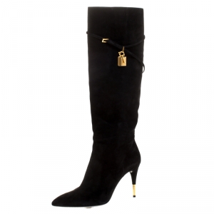 Tom Ford Black Suede Leather Lock Strap Knee Length Boots Size 40