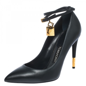 Tom Ford Grey Leather Padlock Ankle-Wrap Pointed Toe Pumps Size 39