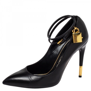 Tom Ford Black Leather Padlock Ankle Wrap Pointed Toe Pumps Size 37.5