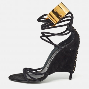 Tom Ford Black  Suede Ankle Wrap Wedge Sandals Size 39