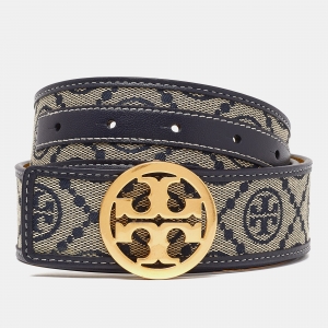 Tory Burch Beige/Blue Embossed Logo Leather Small Logo Belt 80CM