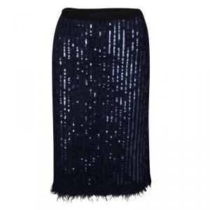 Pre Owned Tory Burch Navy Blue Sequined Alpaca Pencil Skirt XS