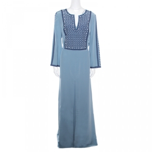 Tory Burch Rainfall Blue Embroidered Crepe Silk Kaftan Maxi Dress XL