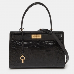 Tory Burch Black Croc Embossed Leather and Suede Small Lee Radziwill Bag